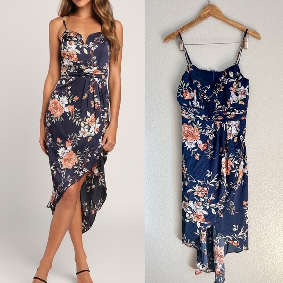 NWOT My Favorite Day Navy Blue Floral Print Tulip Skirt Midi Dress - Picture 1 of 12
